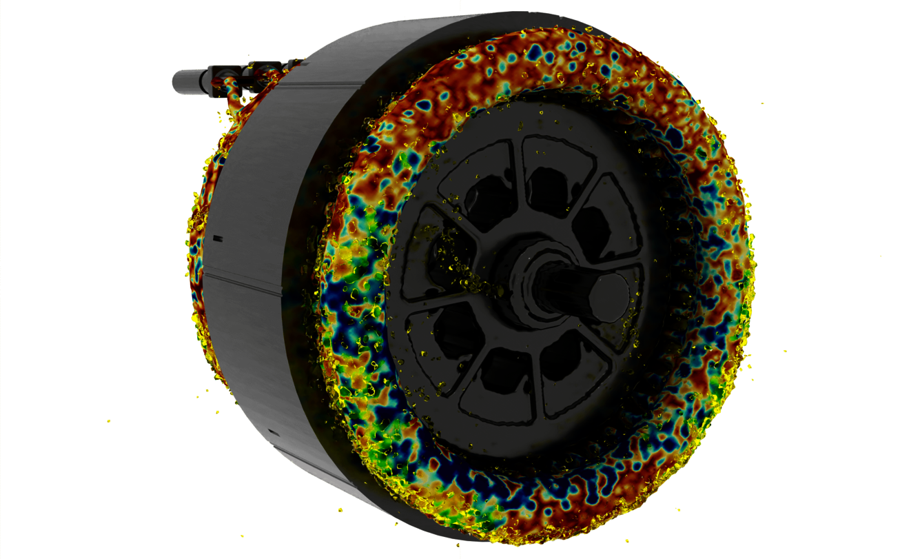 Oil distribution on e-motor winding heads. E-Motor where the winding heads are coloured with the portion of oil which is sprayed from the holes in the rotor shaft to the winding heads