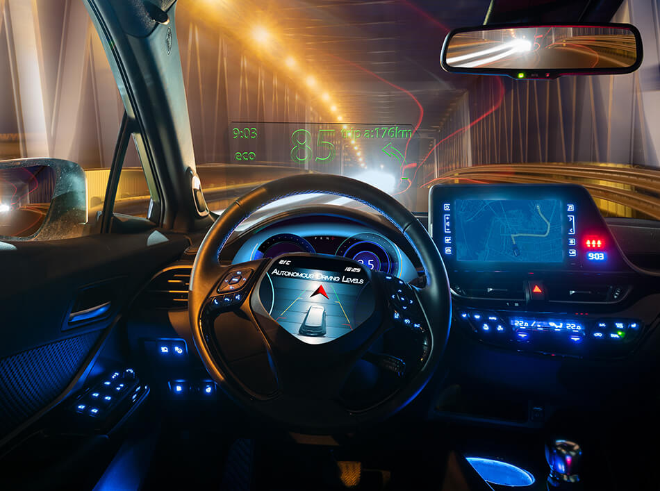 Vehicle Safety for New Mobility, Automated or Autonomous Driving and ADAS The view of a driver of a future truck with ADAS and automated driving features is dominated by many assistance systems and driver interfaces, like navigation system, head-up display, and steering wheel with integrated display