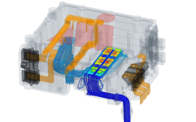Thermal simulation of an inverter. Semi-transparent inverter with highlighted busbars as well as chips coloured with their temperature and coolant flow illustrated by streamlines.