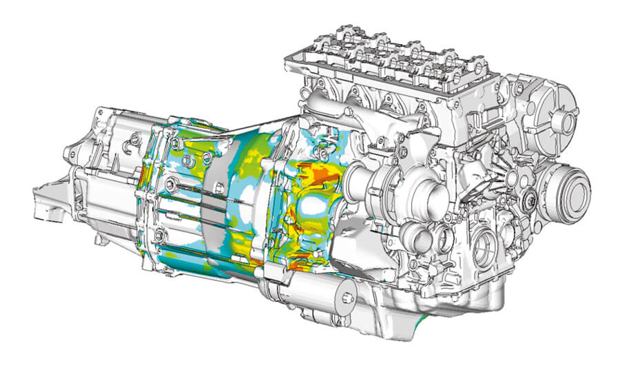 surface noise, inverter vibration, powertrain mounts, MNOISE, structural vibration, sound radiation, Campbell diagram, surface sound pressure, engine transmission unit, NVH, combustion engine noise